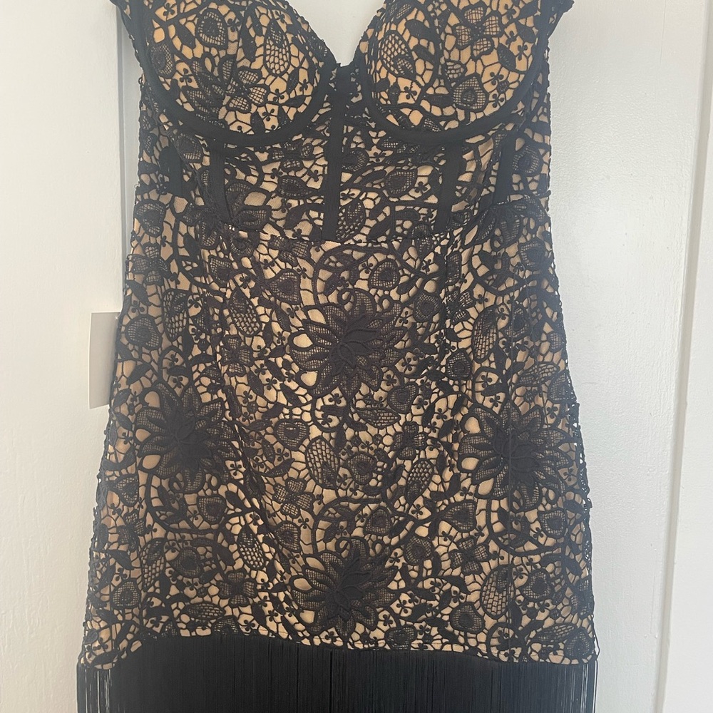 Size 12/XL MISS CIRCLE Black Lace Long Fringed Strapless Dress NEW with Tags - Picture 11 of 15